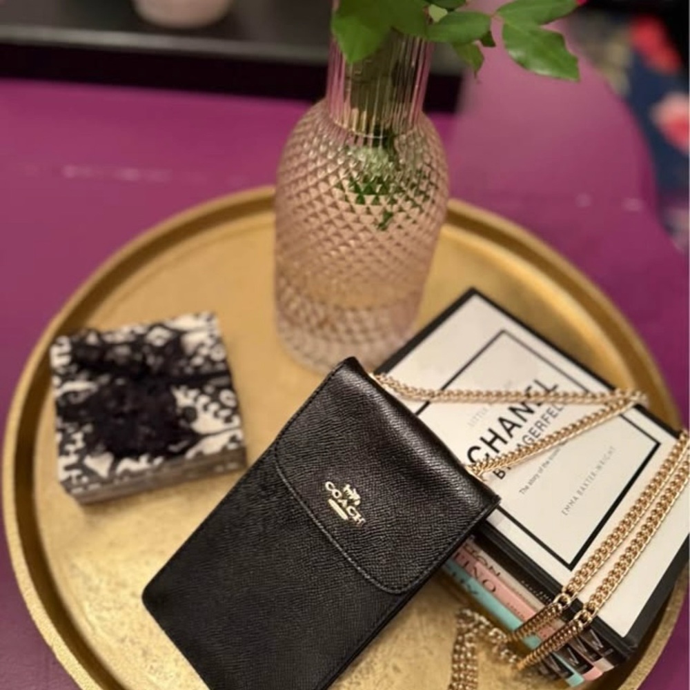 Coach Black Leather Crossbody with Gold Chain : Card Holder on backside.